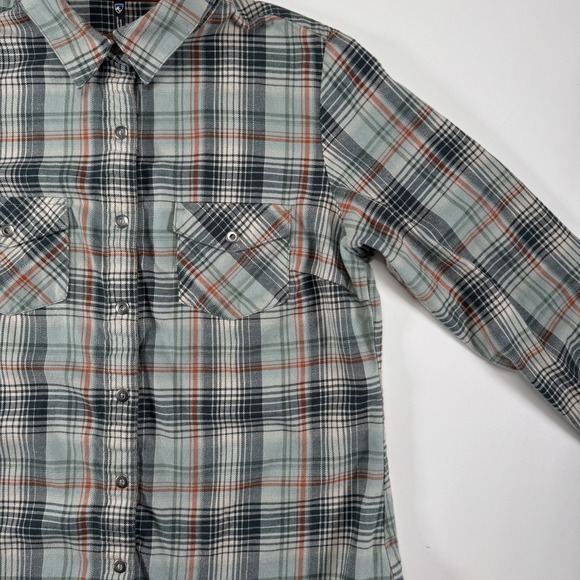 KUHL Tess Corduroy Trim L/S Flannel Shirt Womens Small Snap Front Green Plaid - Picture 3 of 13